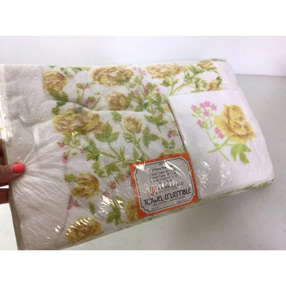 Vintage R.A. BRIGGS Floral Towel Set Mid Century Made USA New